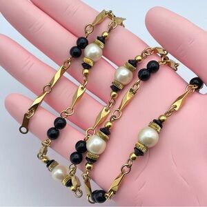 Elegant Black Bead & Faux Pearl Gold-Tone Chain Necklace – 24”